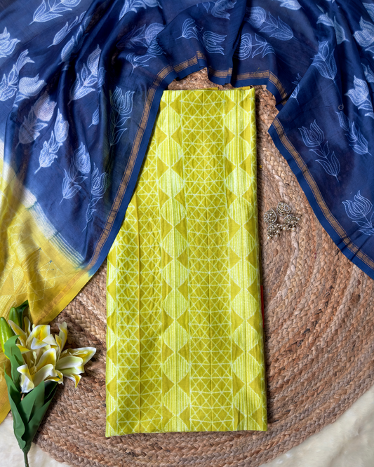 Neelvira – Lime Green Chanderi Unstitched Suit with Indigo Needle Dying