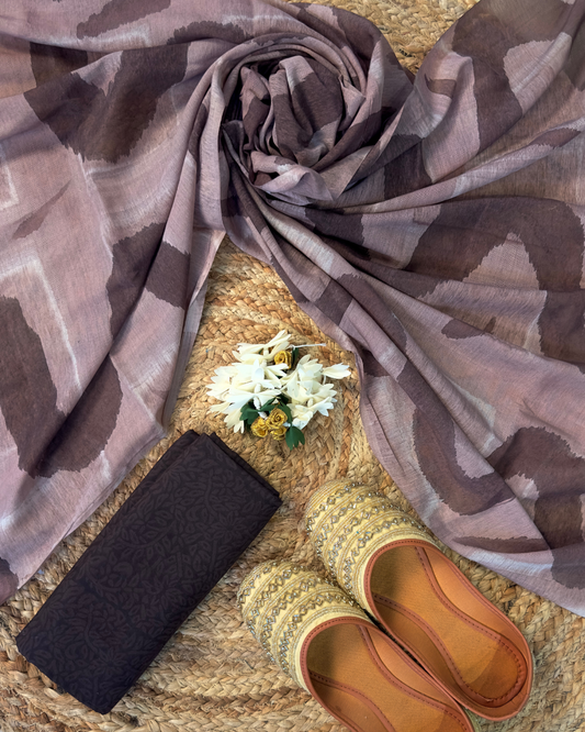Kavira – Coffee Brown Chanderi Marble Print Unstitched Suit Set
