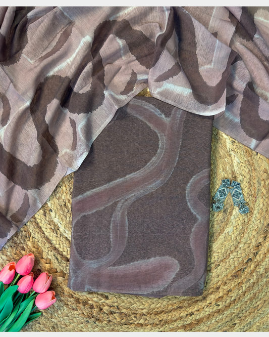 Kavira – Coffee Brown Chanderi Marble Print Unstitched Suit Set