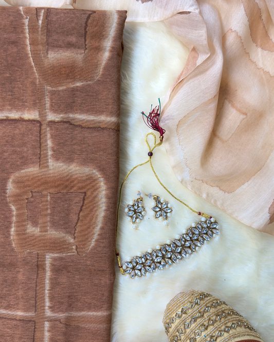 Mridvika – Light Brown Chanderi Marble Print Unstitched Suit Set