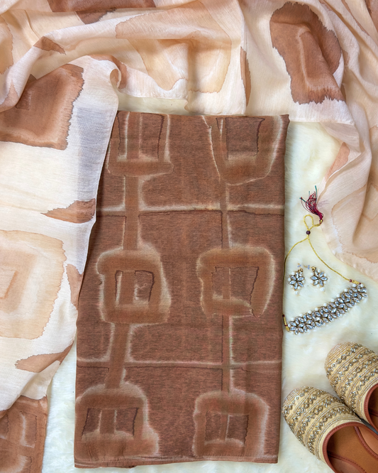 Mridvika – Light Brown Chanderi Marble Print Unstitched Suit Set