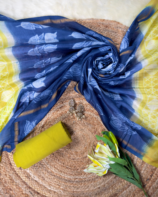 Neelvira – Lime Green Chanderi Unstitched Suit with Indigo Needle Dying