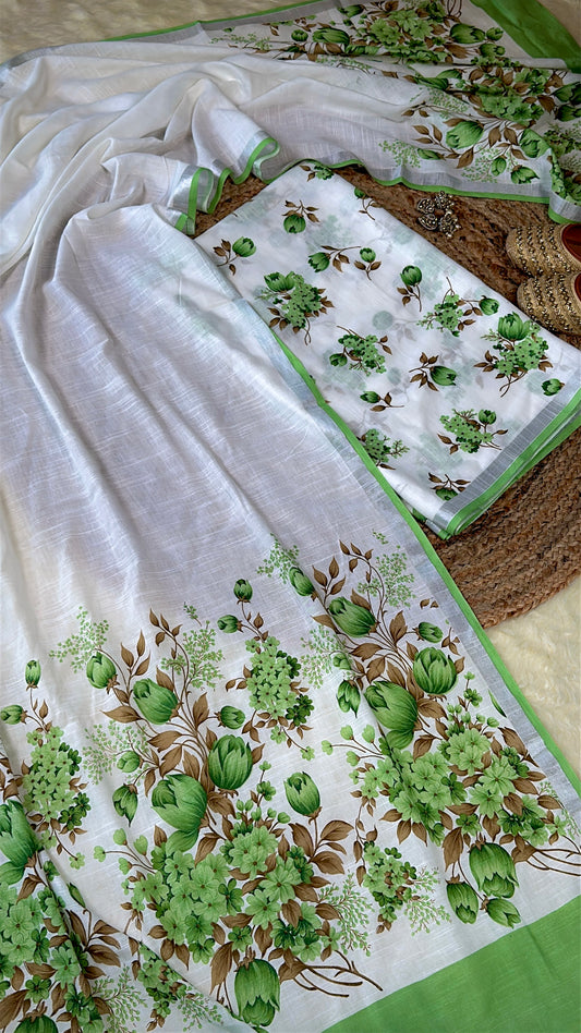Gulbahaar – White Linen Unstitched Floral Suit Set in Green & Brown