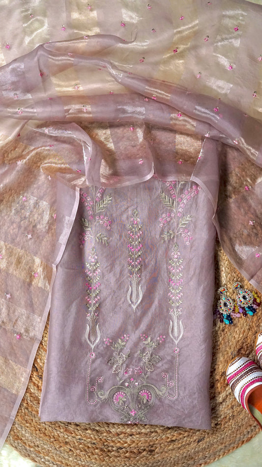 Lavender Loom Whisper – Lavender Organza Unstitched Multicolour Resham & Zari Embroidered Suit Set