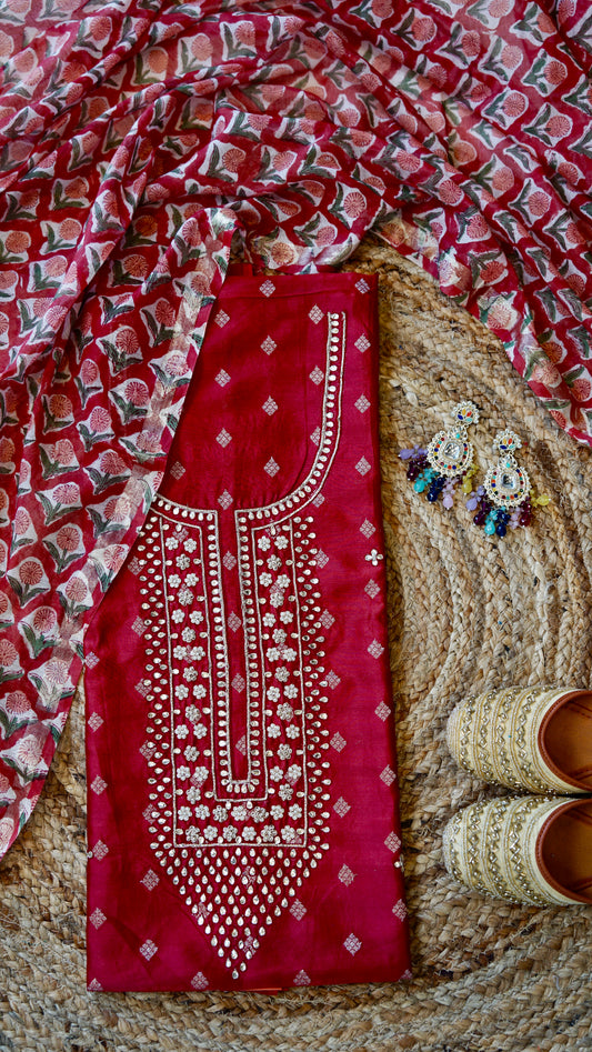 Rangrez – Red Banarasi Chanderi Unstitched Zari Weave Suit Set