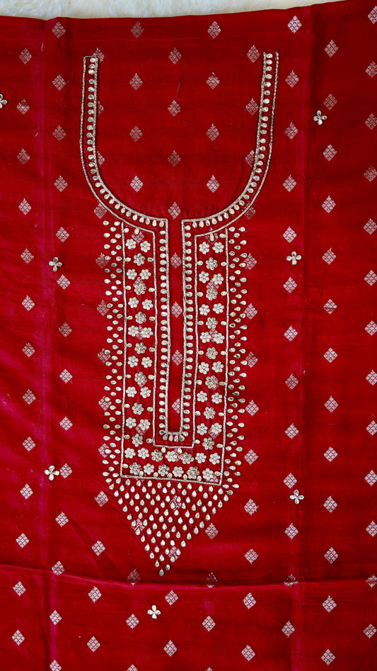Rangrez – Red Banarasi Chanderi Unstitched Zari Weave Suit Set