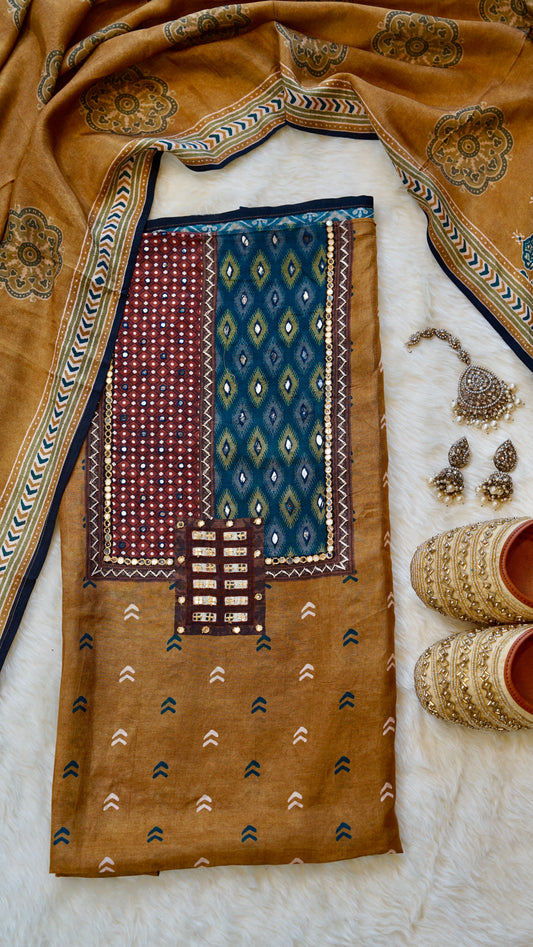 Peetalika – Mustard Crepe Unstitched Dual Print & Mirror Embroidered Suit Set