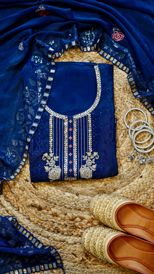 Rajvilaas – Royal Blue Chinon Unstitched Hand Embroidered Party Suit Set