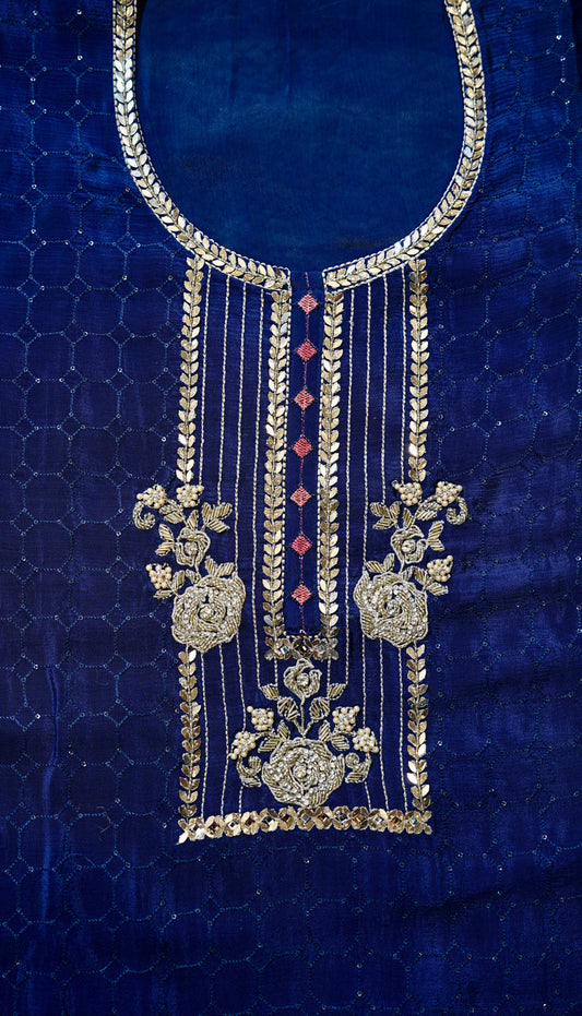 Rajvilaas – Royal Blue Chinon Unstitched Hand Embroidered Party Suit Set