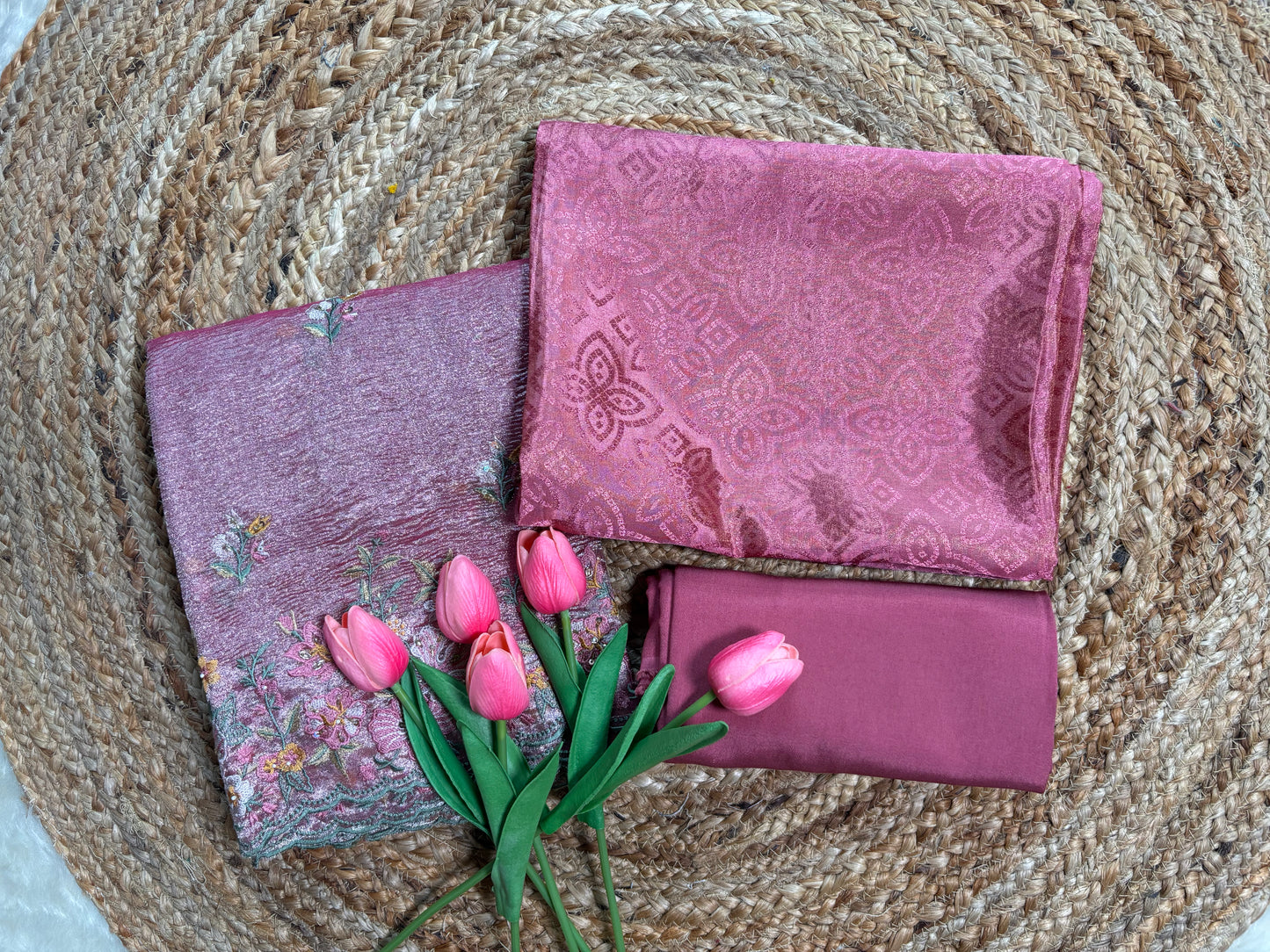 Tissue jacquard fabric with self weaving all over.