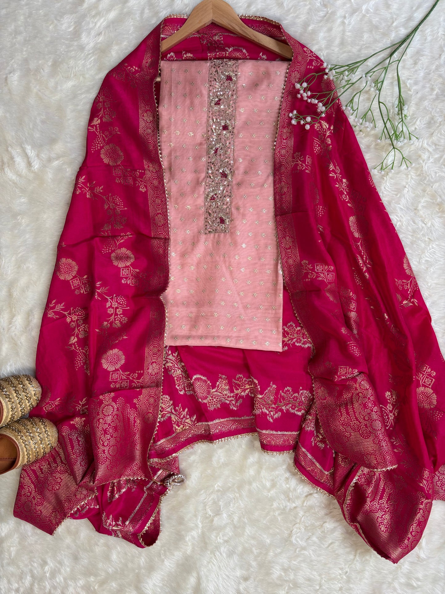 Beige Chanderi Embroidered Kurta with Banarasi Dupatta