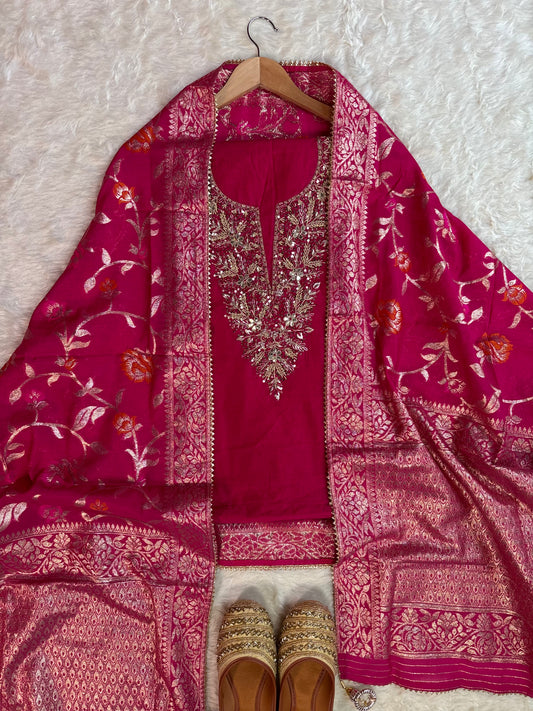Hot Pink Embroidered Kurta with Banarasi Dupatta