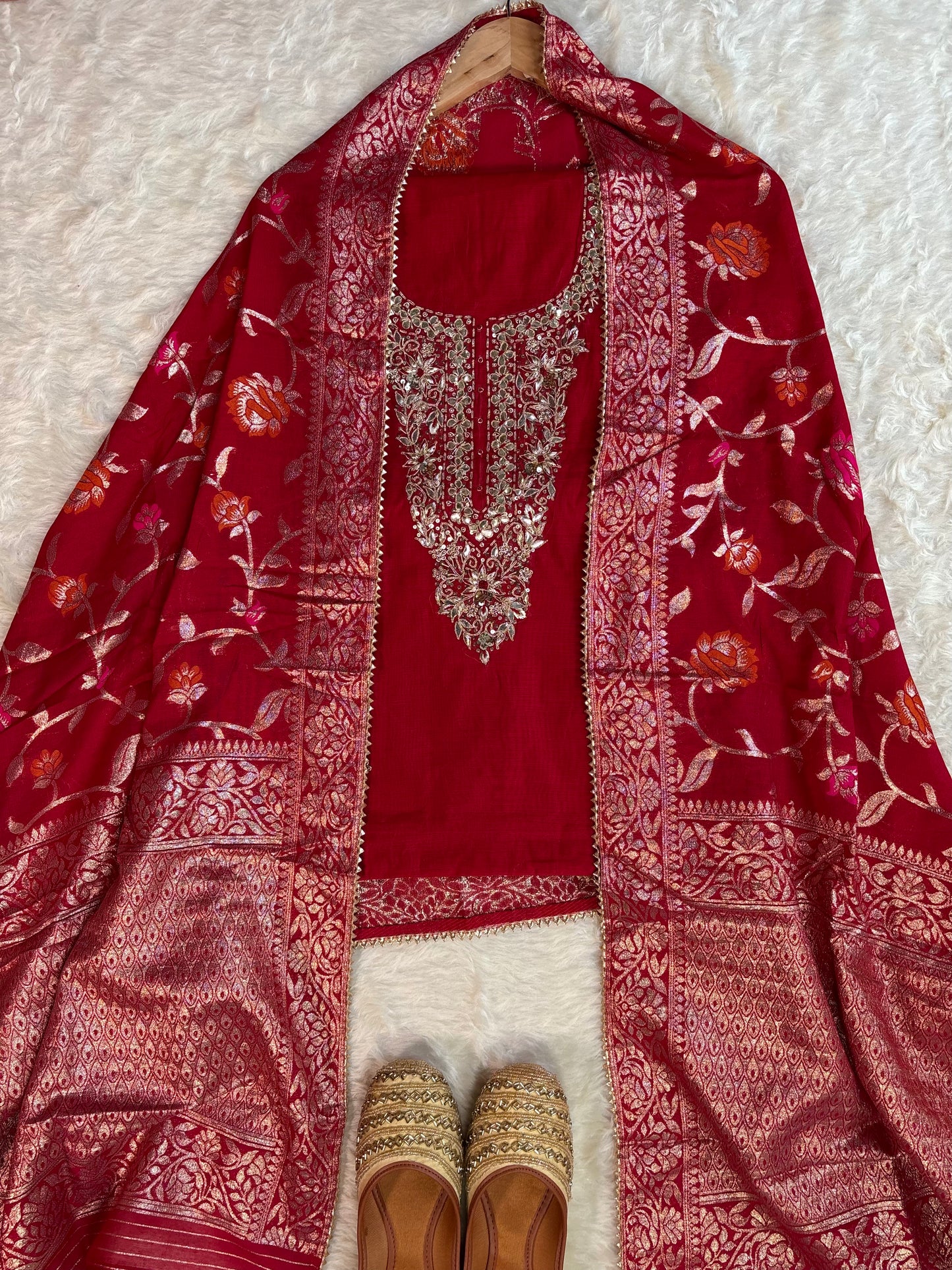 Rich Red Chanderi Kurta Set with Banarasi Dupatta