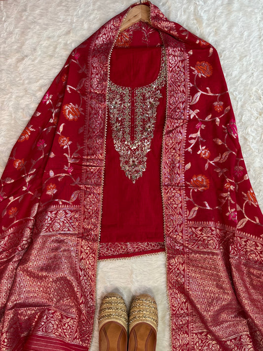 Rich Red Chanderi Kurta Set with Banarasi Dupatta
