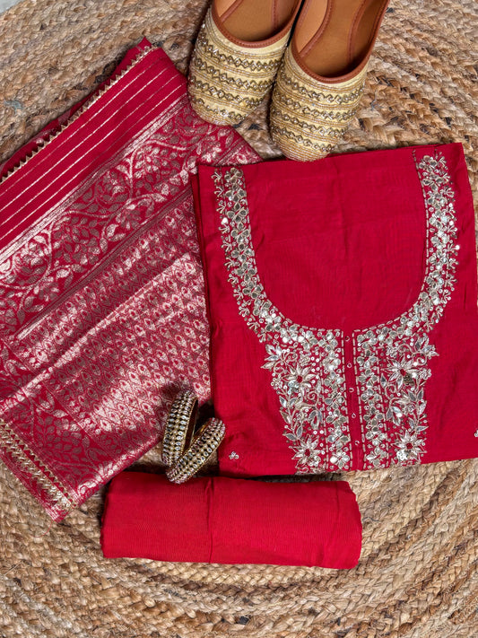Rich Red Chanderi Kurta Set with Banarasi Dupatta