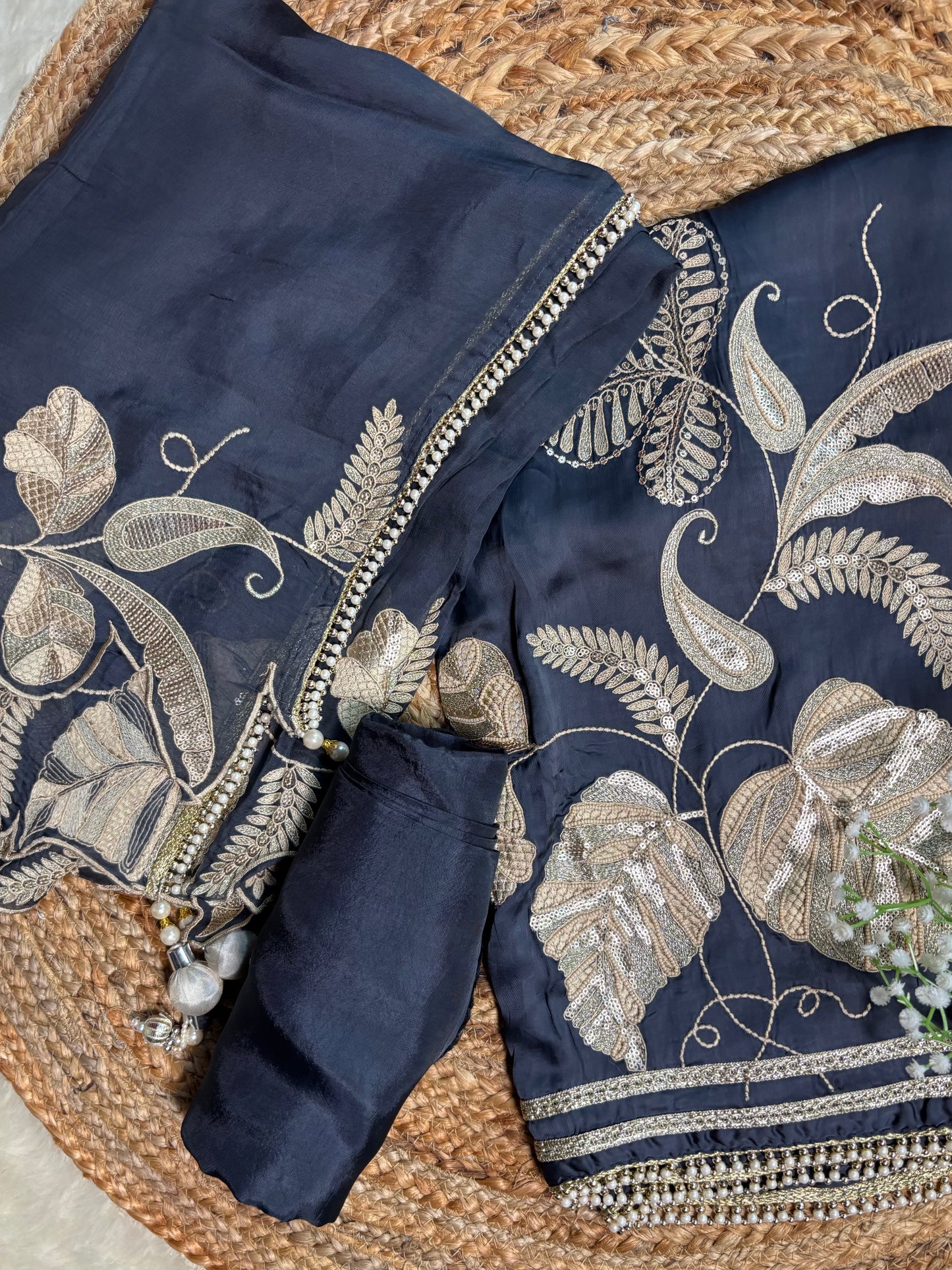Crepe Suit Set with Pearl Button Neckline