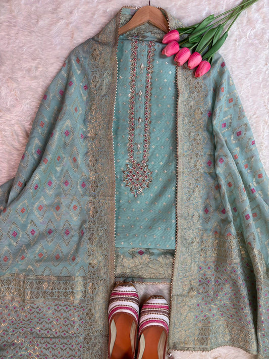 Green Chanderi Zari Booti Suit Set.