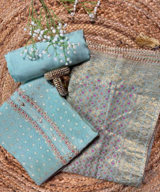 Green Chanderi Zari Booti Suit Set.