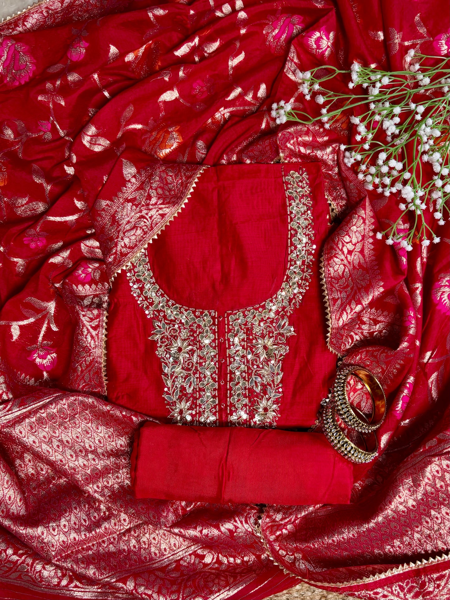 Rich Red Chanderi Kurta Set with Banarasi Dupatta