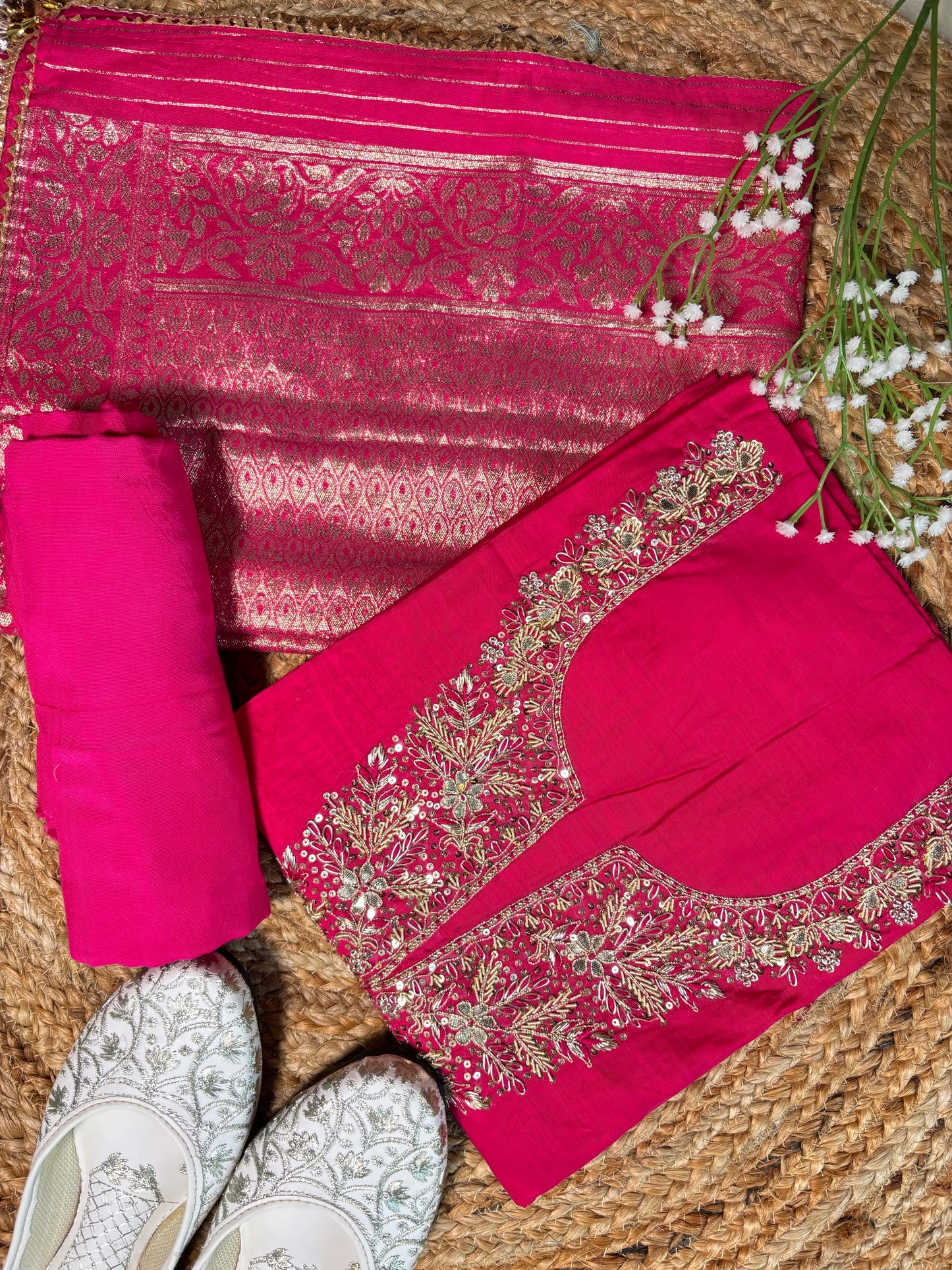Hot Pink Embroidered Kurta with Banarasi Dupatta