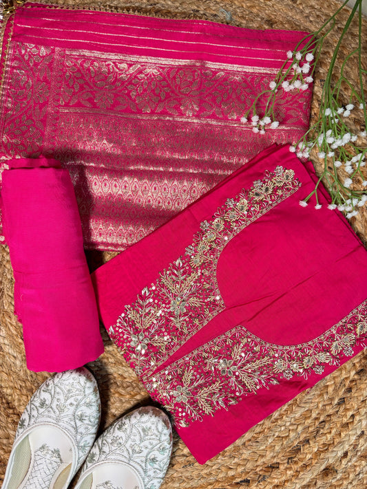 Hot Pink Embroidered Kurta with Banarasi Dupatta