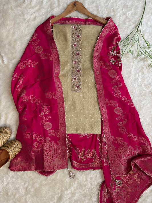 Beige Chanderi Embroidered Kurta with Banarasi Dupatta