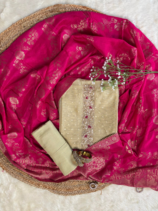 Beige Chanderi Embroidered Kurta with Banarasi Dupatta