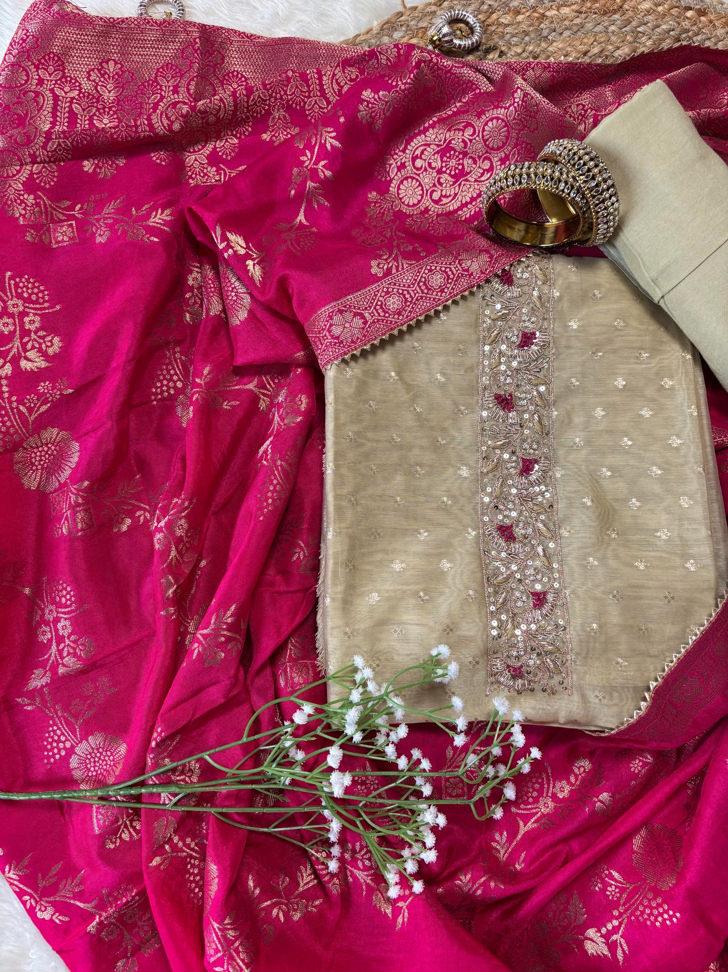 Beige Chanderi Embroidered Kurta with Banarasi Dupatta