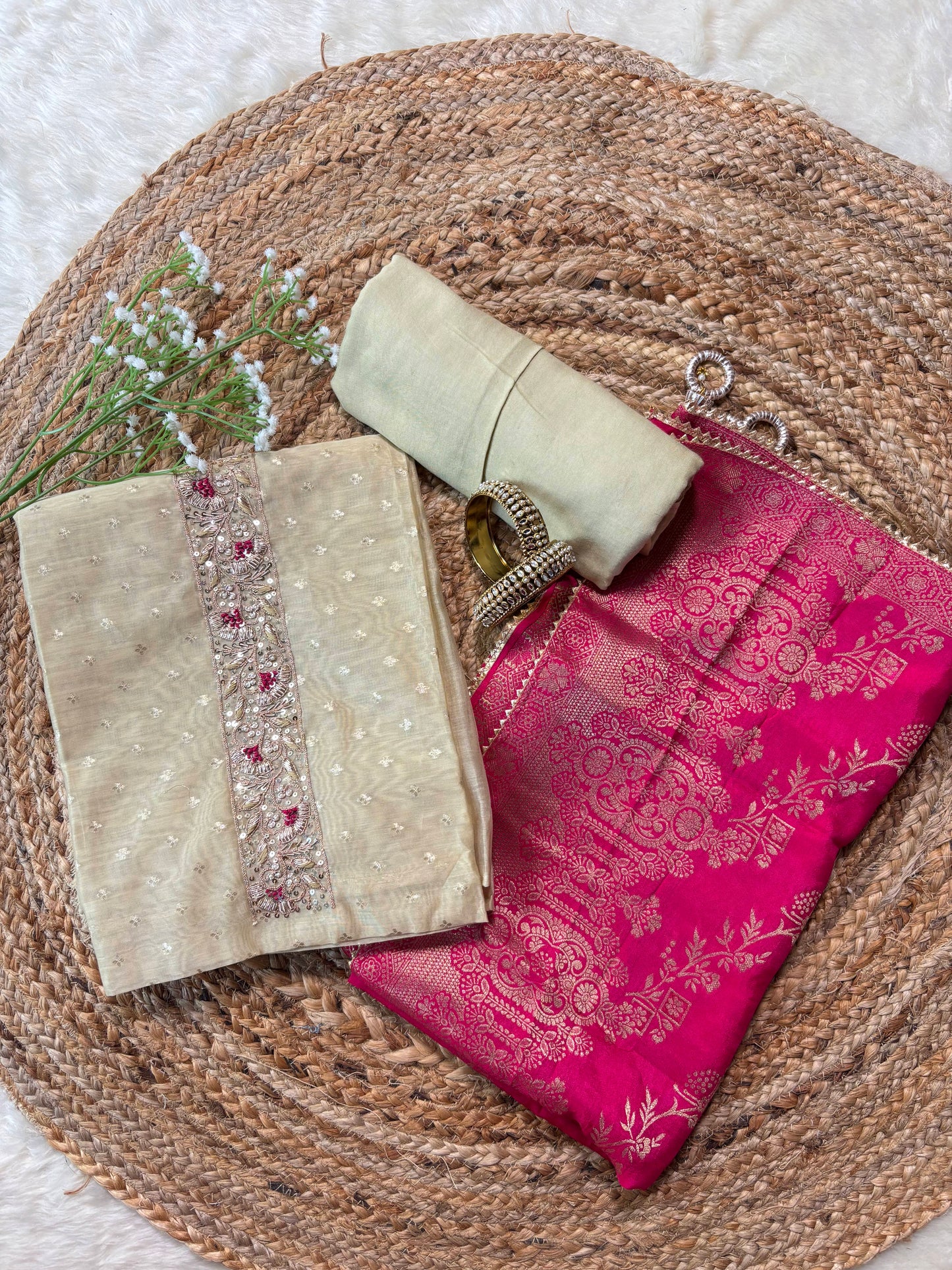 Beige Chanderi Embroidered Kurta with Banarasi Dupatta