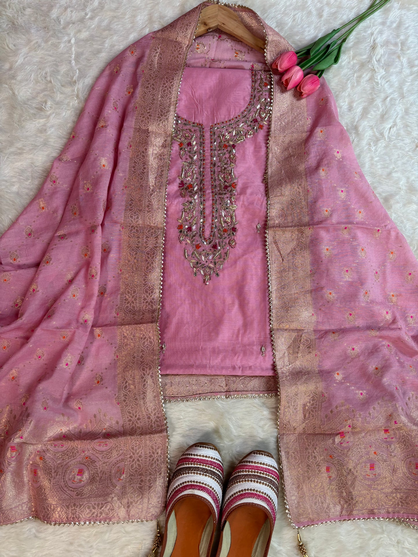 Chanderi Embroidered Kurta with Banarasi Dupatta