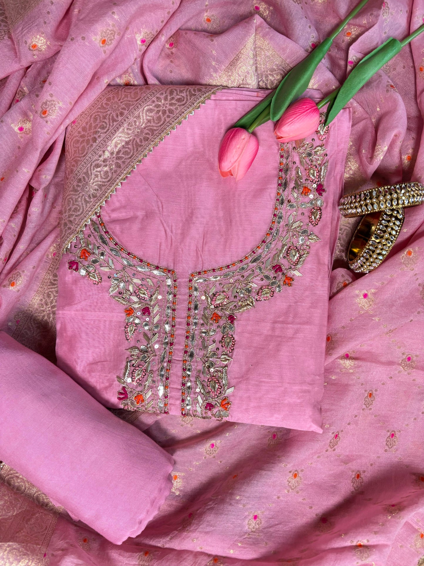 Chanderi Embroidered Kurta with Banarasi Dupatta