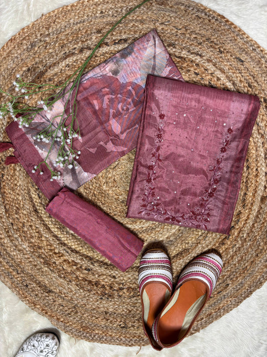 Chanderi Self Print Kurta Set with Resham Cutdana & Sequin Work Pink