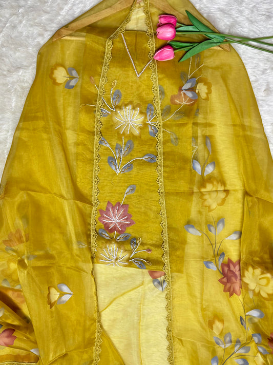 Organza Hand-Painted Floral Kurta Set with Pearl & Sequin Embroidery Pink & Lemon