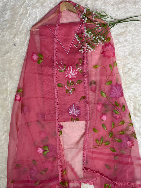 Organza Hand-Painted Floral Kurta Set with Pearl & Sequin Embroidery Pink & Lemon