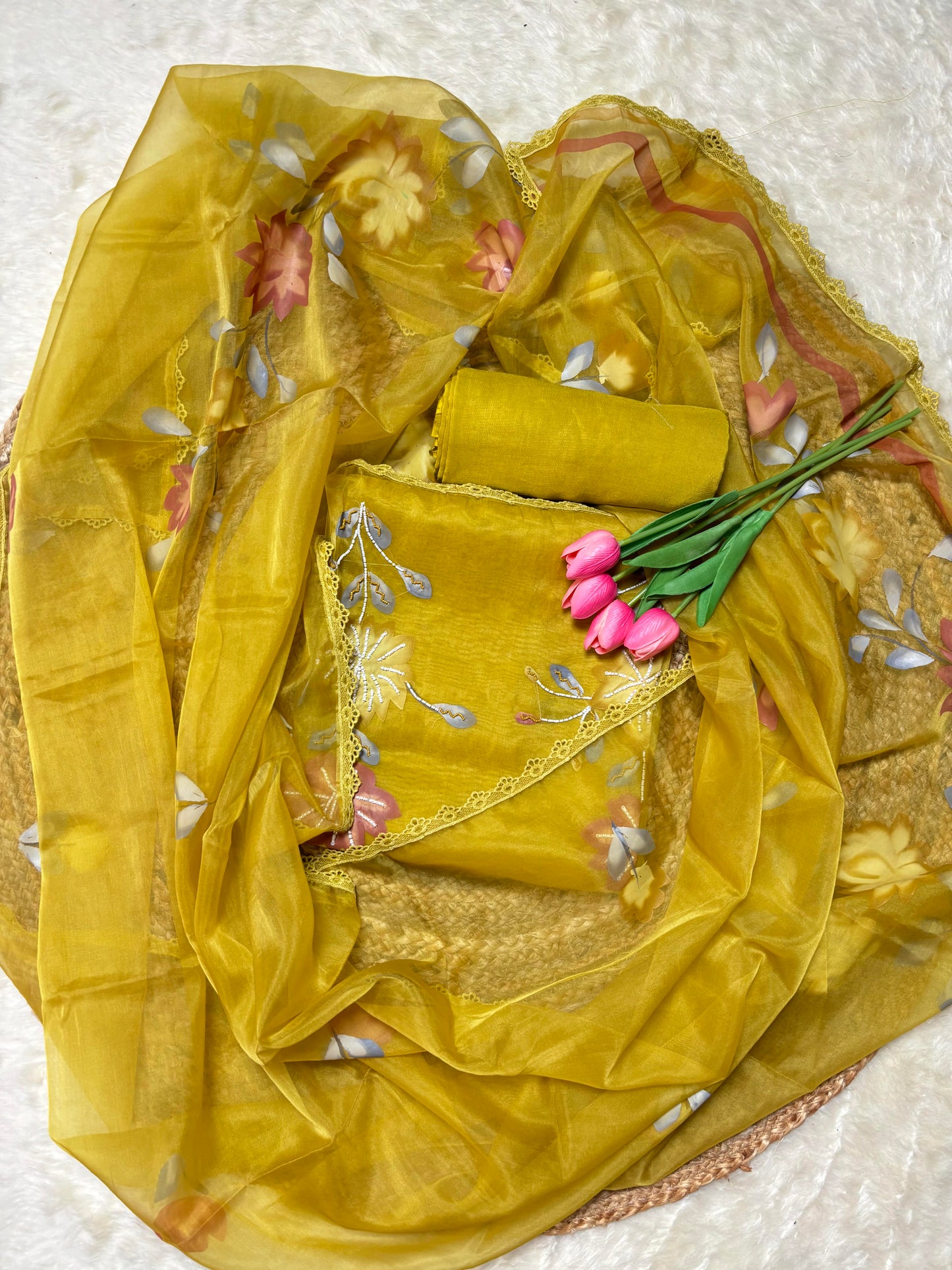 Organza Hand-Painted Floral Kurta Set with Pearl & Sequin Embroidery Pink & Lemon