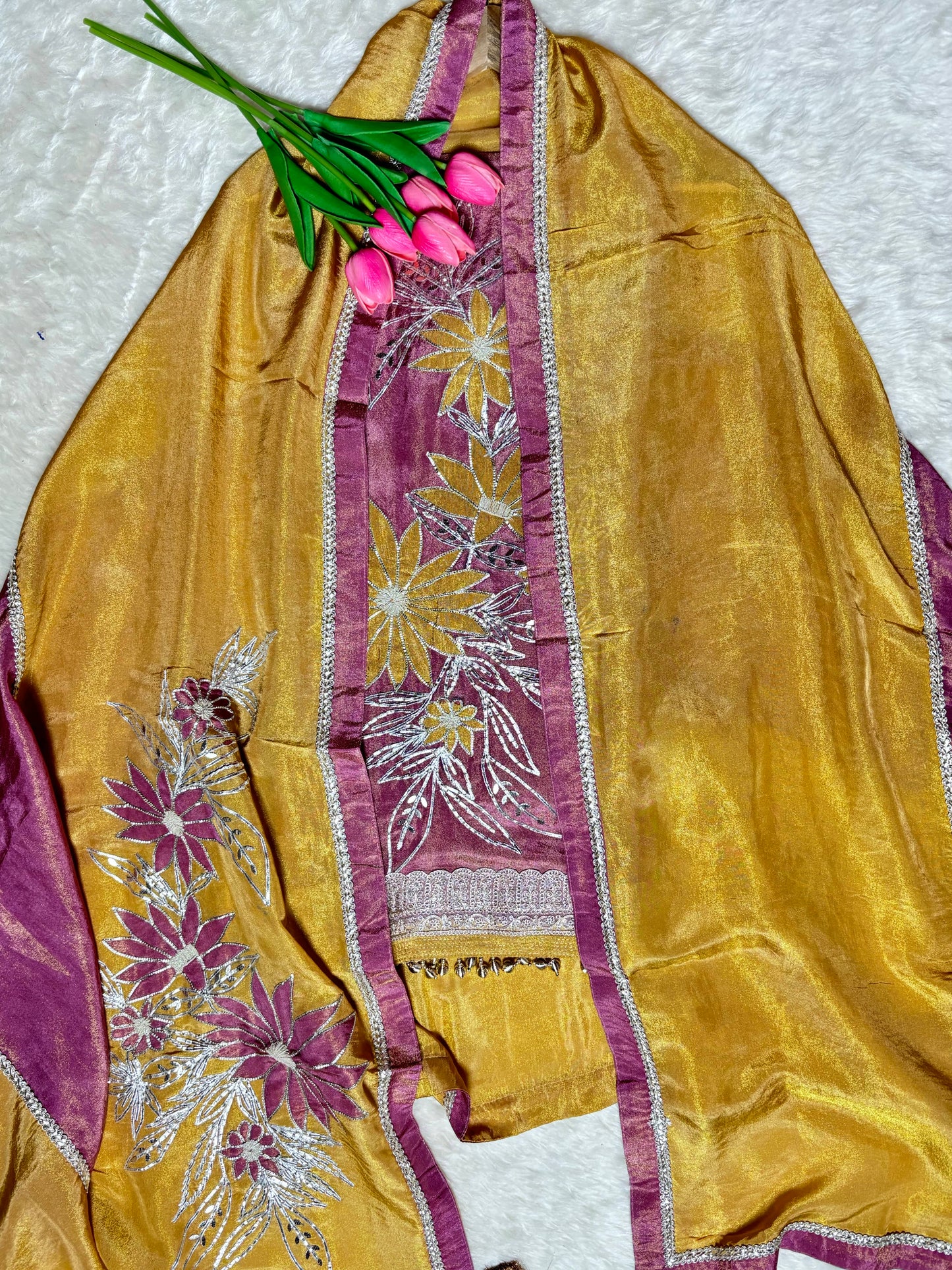 Tissue Fabric Kurta Set with Floral Appliqué & Gota Work Onion Pink & Mehendi Green
