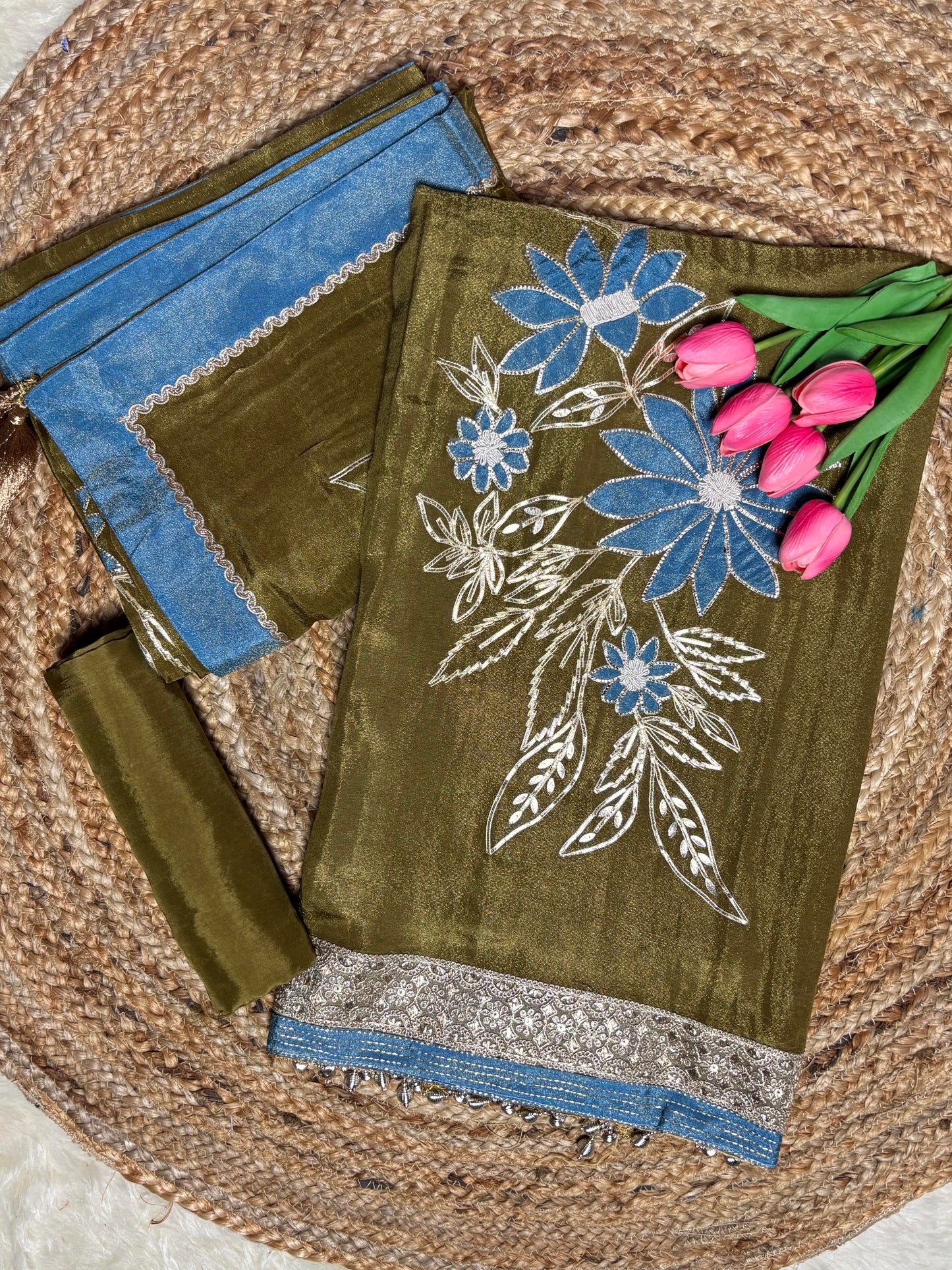Tissue Fabric Kurta Set with Floral Appliqué & Gota Work Onion Pink & Mehendi Green