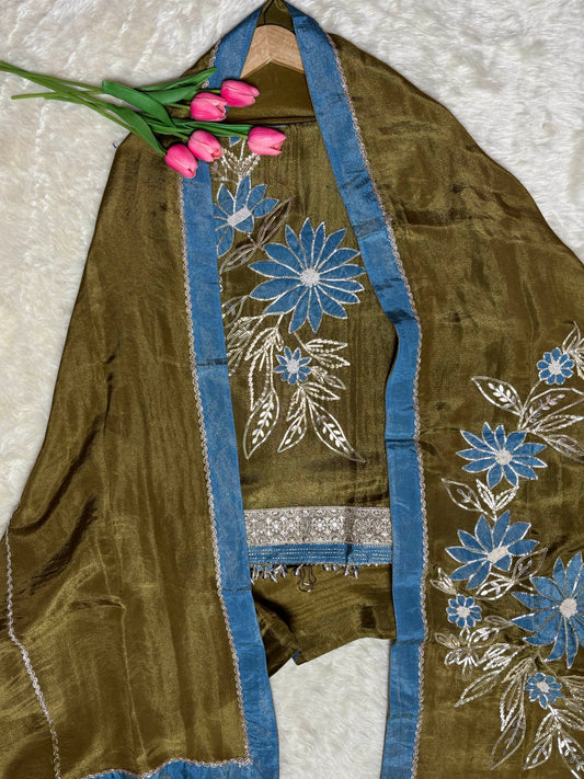 Tissue Fabric Kurta Set with Floral Appliqué & Gota Work Onion Pink & Mehendi Green