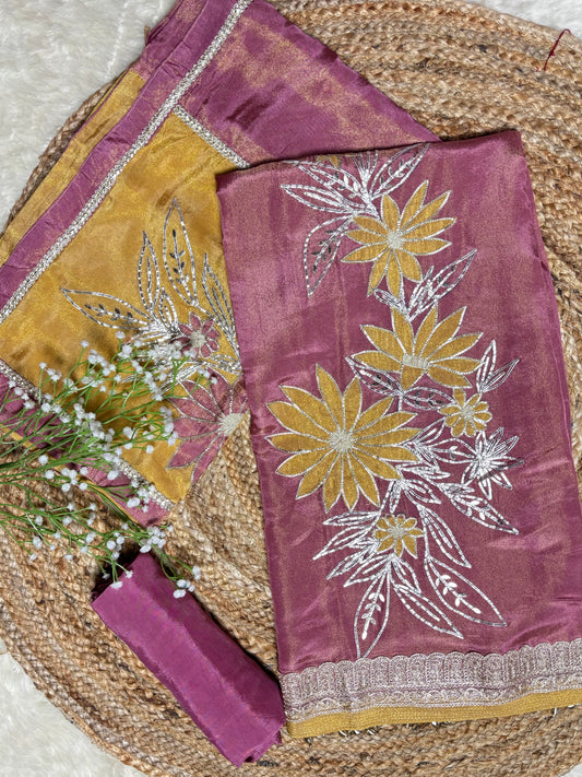 Tissue Fabric Kurta Set with Floral Appliqué & Gota Work Onion Pink & Mehendi Green