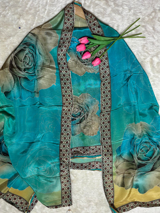 Multicolour Tissue Crepe Suit with Floral Motifs Cutdana & Sequin Highlights