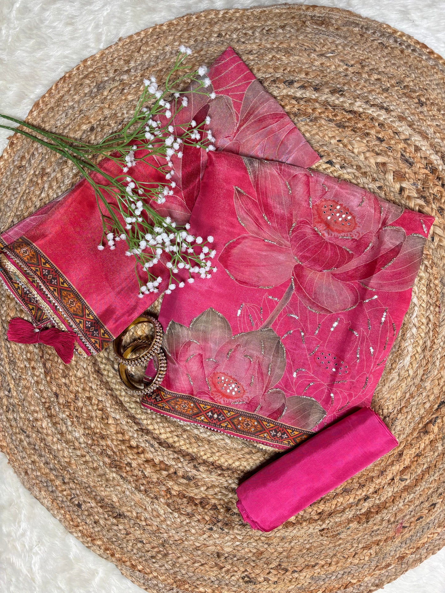 Multicolour Tissue Fabric Kurta Set with Floral Motifs, Mirror & Sequin Work – Pink & Orange