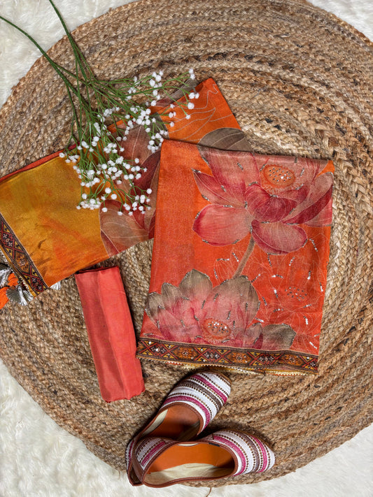 Multicolour Tissue Fabric Kurta Set with Floral Motifs, Mirror & Sequin Work – Pink & Orange