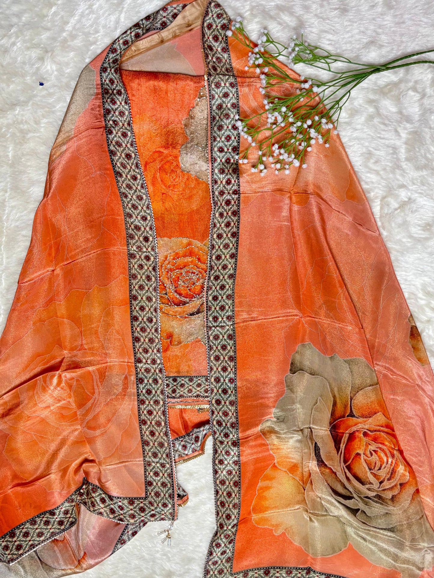 Multicolour Tissue Crepe Suit with Floral Motifs Cutdana & Sequin Highlights