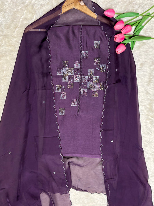 Festive Wine Suit with Double Tone Cutdana Neckline