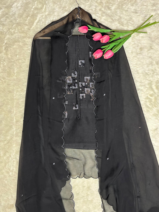 Festive Wine Suit with Double Tone Cutdana Neckline