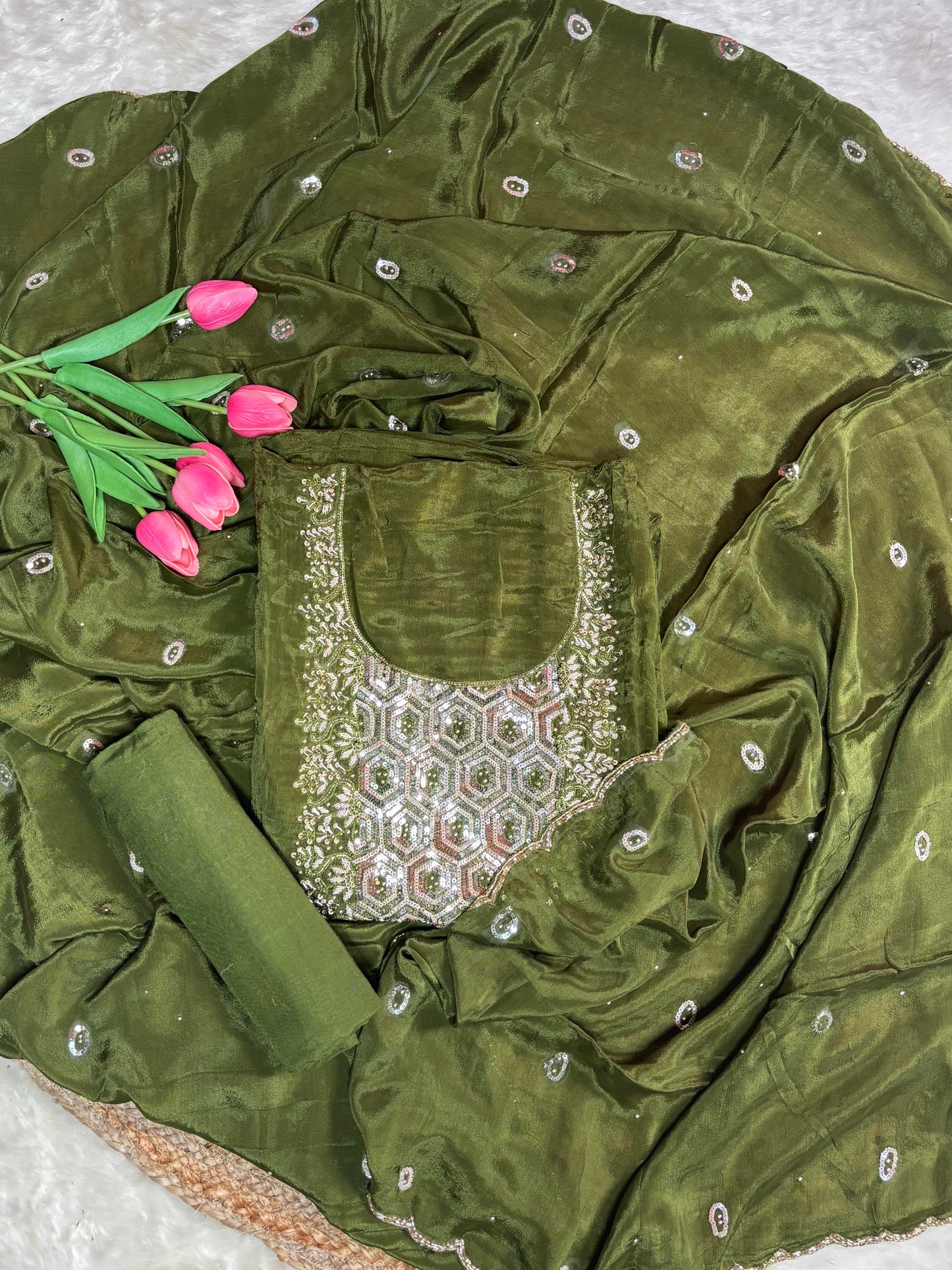Elegant Grey & Green Crepe Suit Set with Embroidered Dupatta