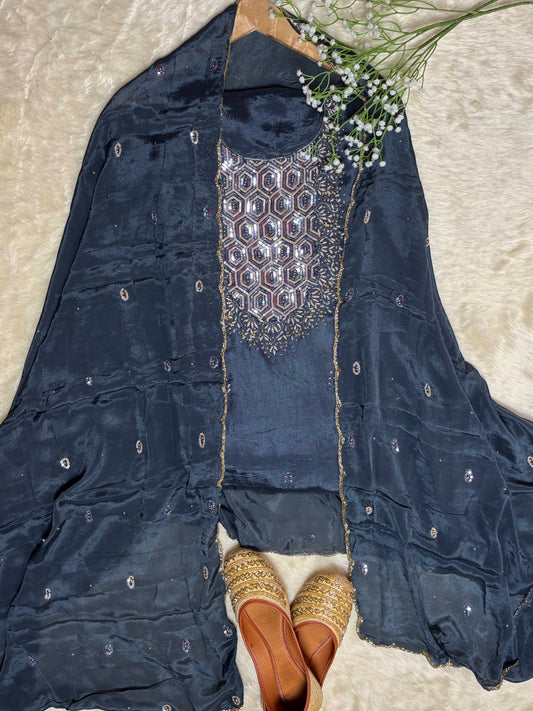 Elegant Grey & Green Crepe Suit Set with Embroidered Dupatta