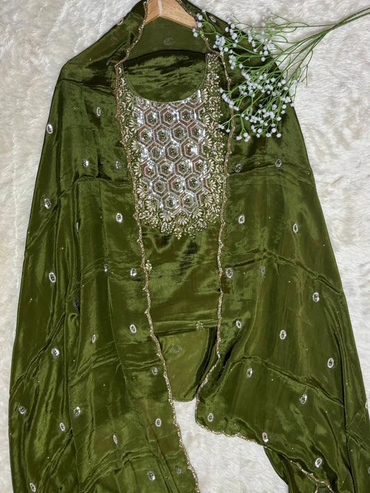 Elegant Grey & Green Crepe Suit Set with Embroidered Dupatta