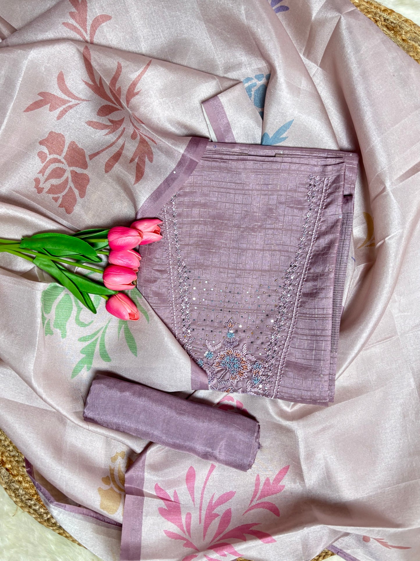 Festive Tussar Silk Suit Set with Floral Embroidery & Chanderi Dupatta