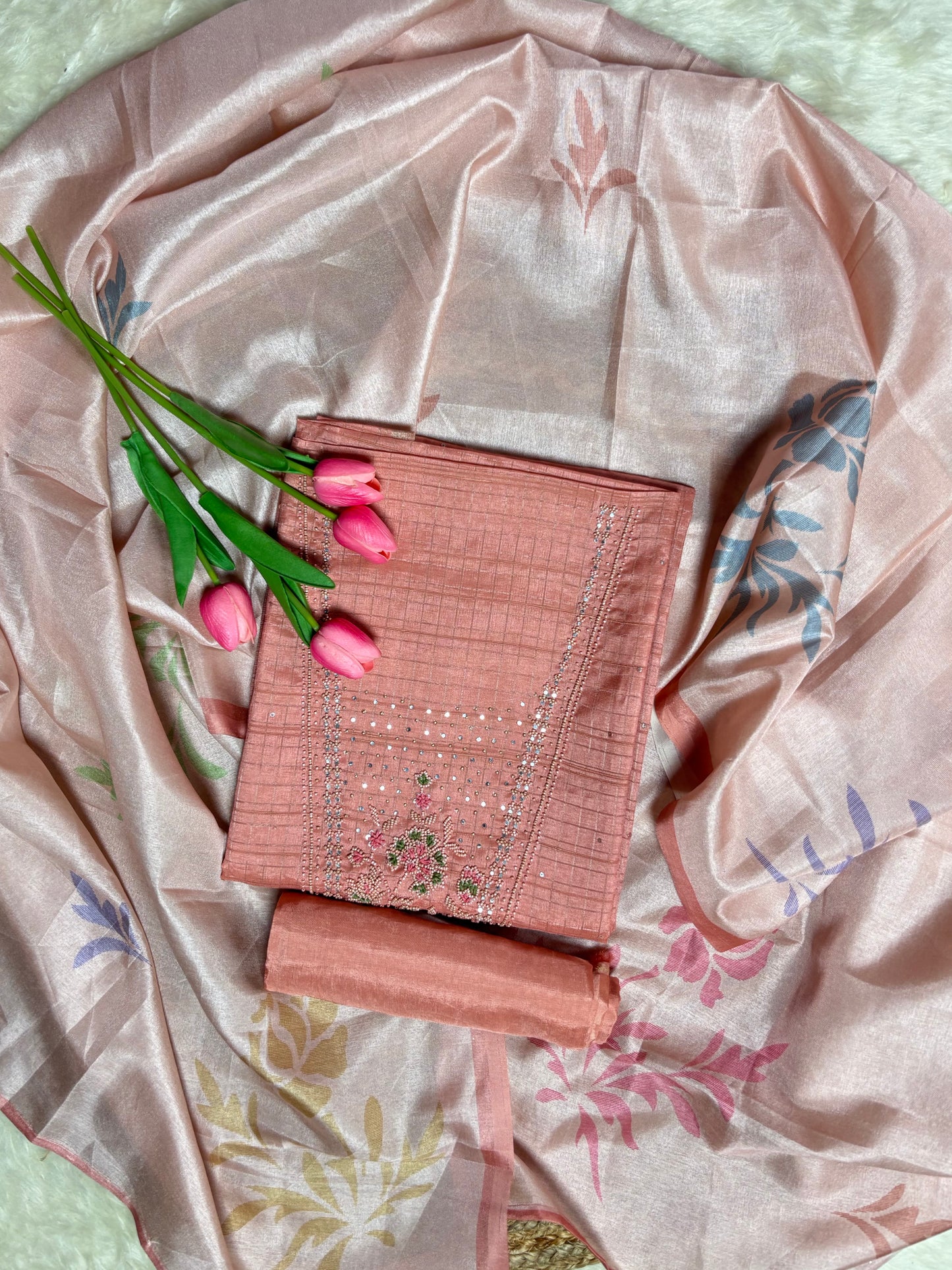 Festive Tussar Silk Suit Set with Floral Embroidery & Chanderi Dupatta
